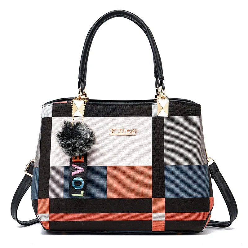 

Casual Plaid Fashion Satchel Tote Shoulder Bags Lady Handbag With Hair Ball Ornaments, 5 colors