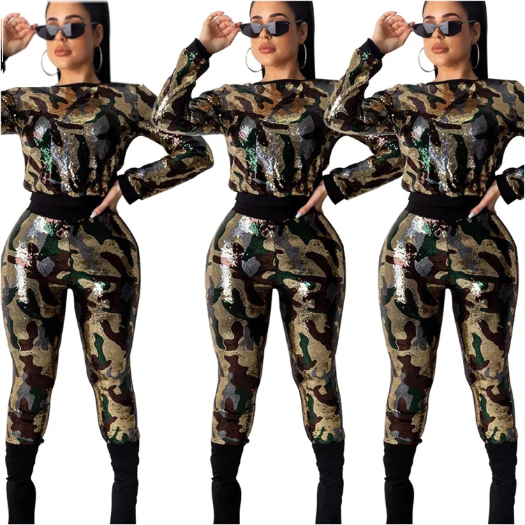 

YH-T025 newest design round neck camo sequin nightclub Fashion Outfits Woman Two Piece Pants Suit Set, Camouflage