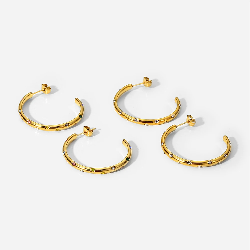 

New Trendy Fashionable Jewelry Inlaid White Zircon Large C-Shaped 18K Gold Plated Stainless Steel Hoop Earrings