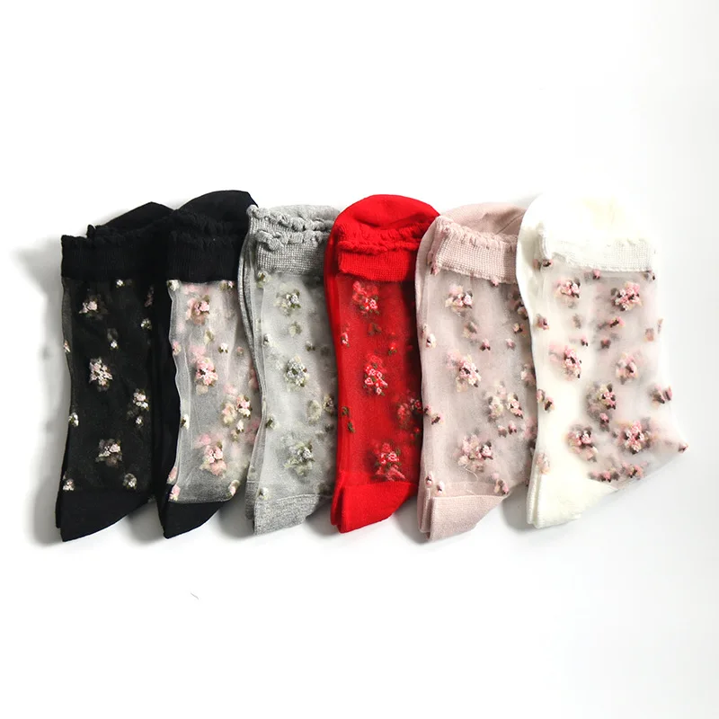 

WIIPU Breathable ultra-thin socks summer women's transparent lace silk stockings crystal roses women's elastic socks