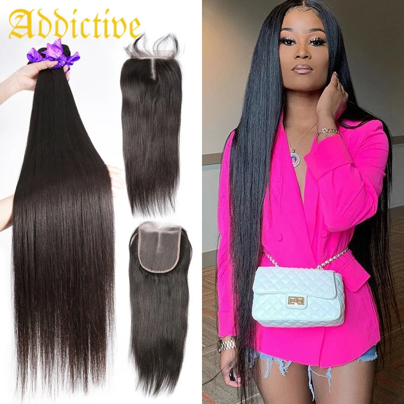

Addictive Hot Sale 26 28 30 Inch Peruvian Hair Bundles Straight 3 Bundles With Lace Closure Remy Human Hair And Closure