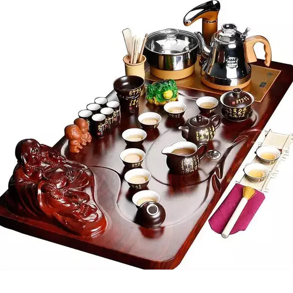 

Chinese famous wooden tea tray, Kongfu tea set with tea pot, cups and all tea ceremony accessories, Dark