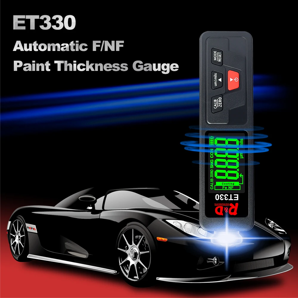 
R&D ET330 car paint coating thickness gauge Fe & NFe probe film thickness tester mini style black shell and green color display 