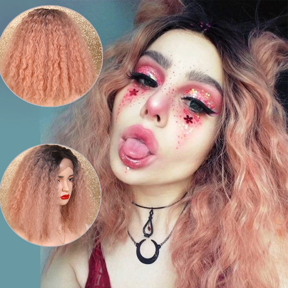 

Pink Ombre Curly Synthetic Short Wigs Bob Lace Wig Lace Front High-quality Best Density Wig For Pretty Girl Halloween