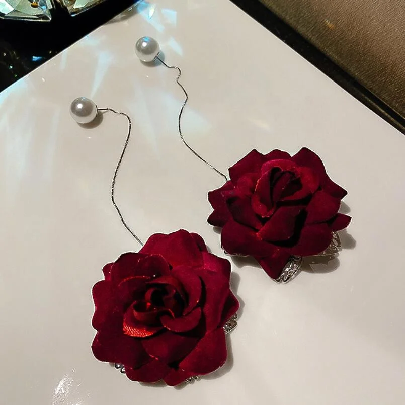 

Niche design sense exaggerated earrings advanced rose earrings 2021 new trendy pearl red rose dry flower long drop earrings, Many colors fyi