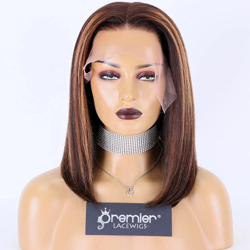 

Premier 13x4.5 Brazilian Colored Short Kinky Brown With Blonde Highlights Lace Frontal Bob Wigs
