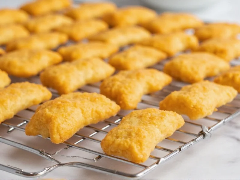 Golden brown homemade goldfish crackers cooling on wire rack