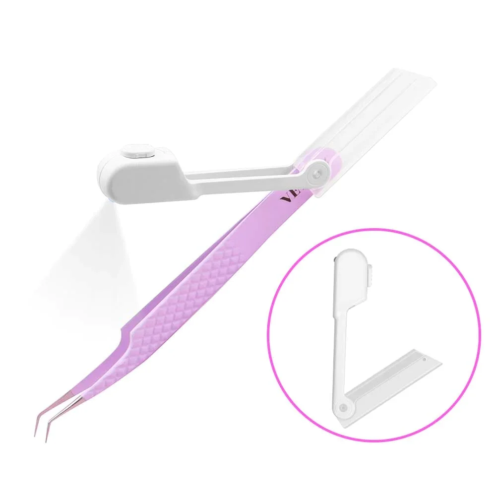 VEYES Professional Stainless Steel Tweezers LED Light Eyelash Extensions Attachment 45 Degree Curved Slanted Rounded Squared