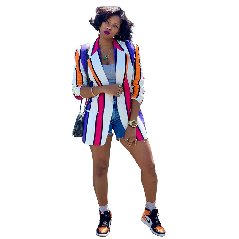 2019 In Stock Color Striped Loose Casual Blazer Women Jacket