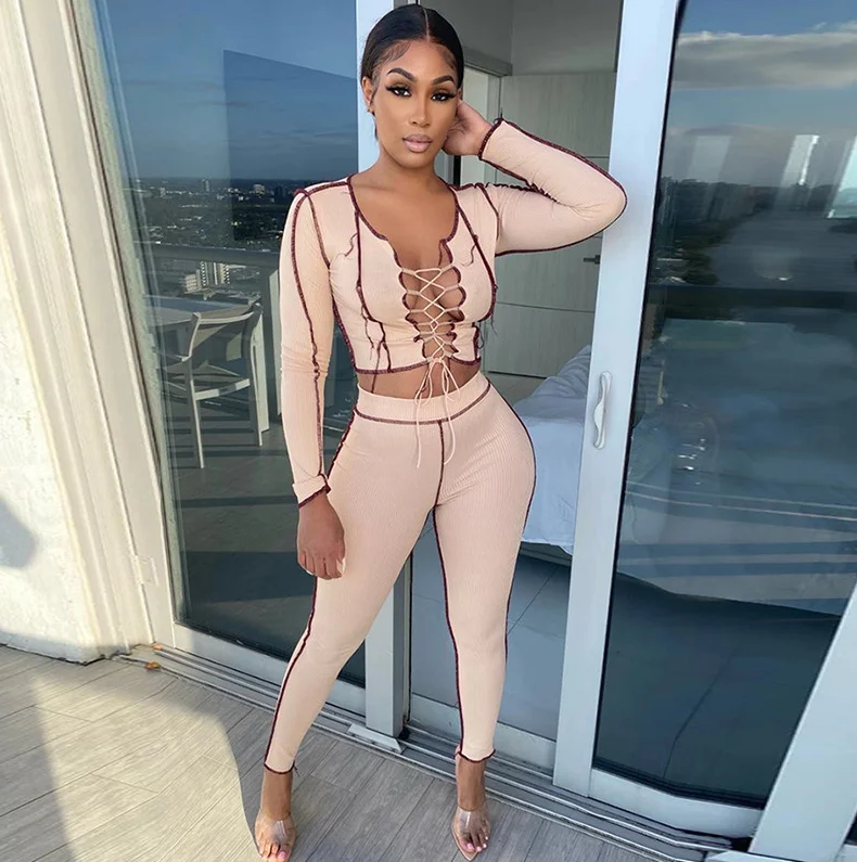 

2021 Fall Fashion Women Clothing 2 Piece Two Piece Set Sexy Club Bandage Crop Top And Pants Trousers Outfits, Black,apricot
