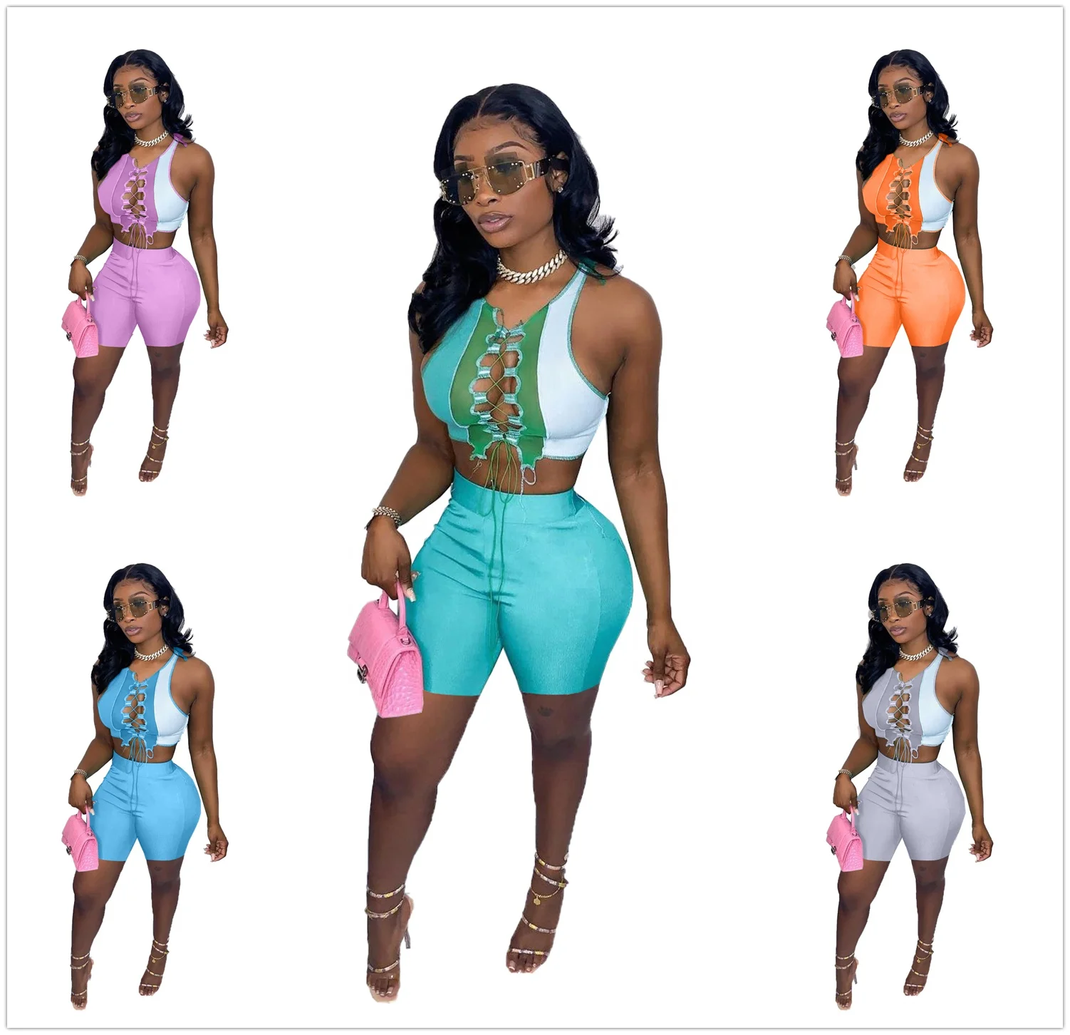 

New arrivial clothes summer outfit Fashion patchwork contrast color bandage hollow out tops with pants sexy two piece shorts set, Orange/purple/gray/green/rose red/blue