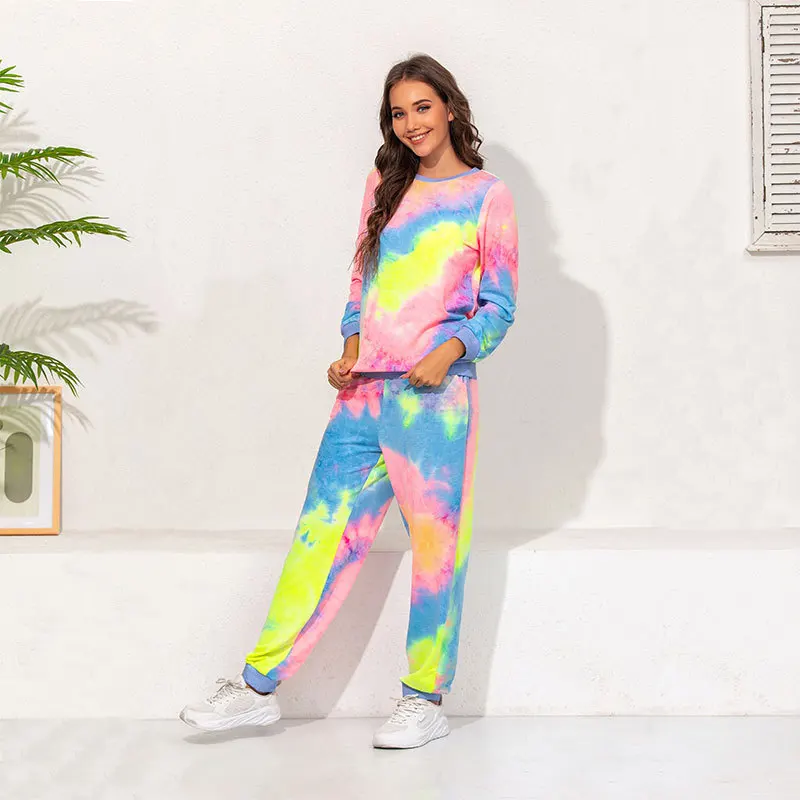 

WW-1030 Tie-dye Leisure Suit Fleece Sports Suit At Home Tie Dye Casual Women Sports Set, Customized color