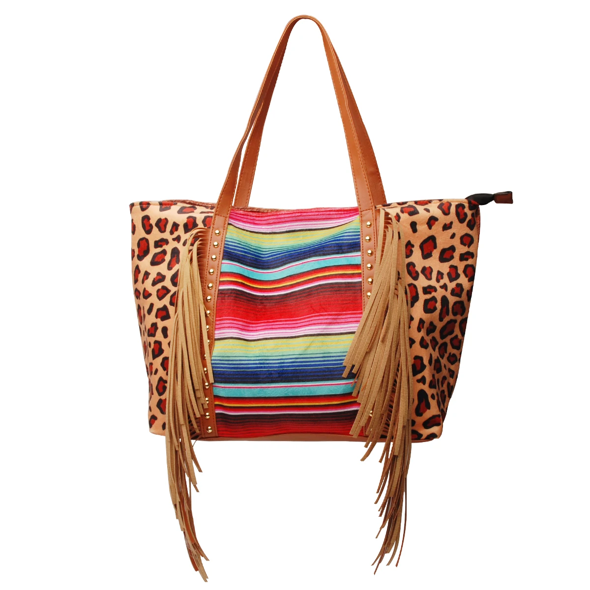 

READY TO SHIP Fashionable Women Suede Brown Cowhide Bag Wholesale Vintage Serape Tassel Cow Print Pu Handle Leopard Tote