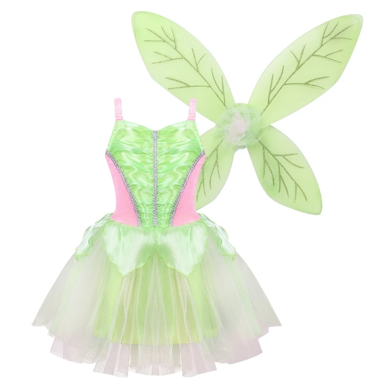 

Kids Girls Princess Fairy Costume Sleeveless Mesh Dress Glittery Wings Set Children Halloween Cosplay Party Dress Up