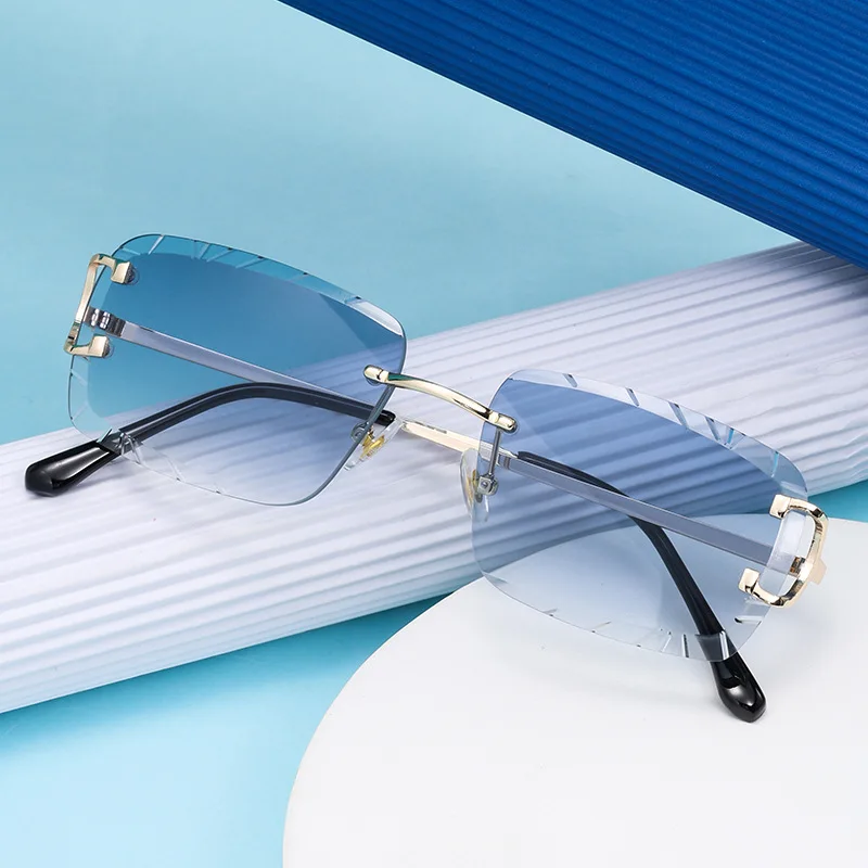 

6018 Women Rectangle Square Vintage Shades Gafas De Sol metal cut rimless sunglasses men luxury with diamonds