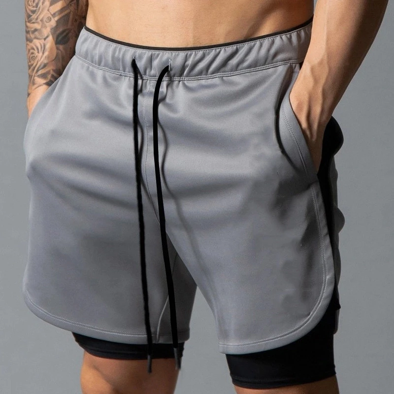 

New men's sports shorts phony two fitness casual running fast dry breathable training shorts, Blue/black/gray