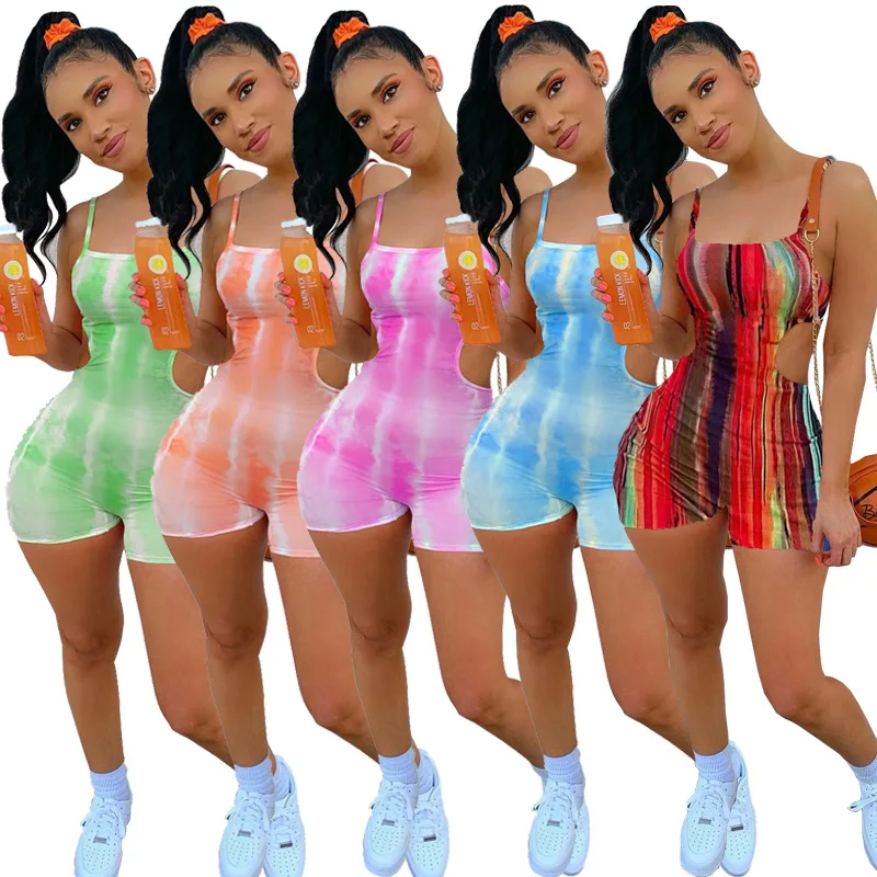 

new trendy apparel cutout sexy outfits for women 2021 lingerie bodysuits shorts rompers hollow out 1 piece tye dye jumpsuit, Green, black, grey, blown