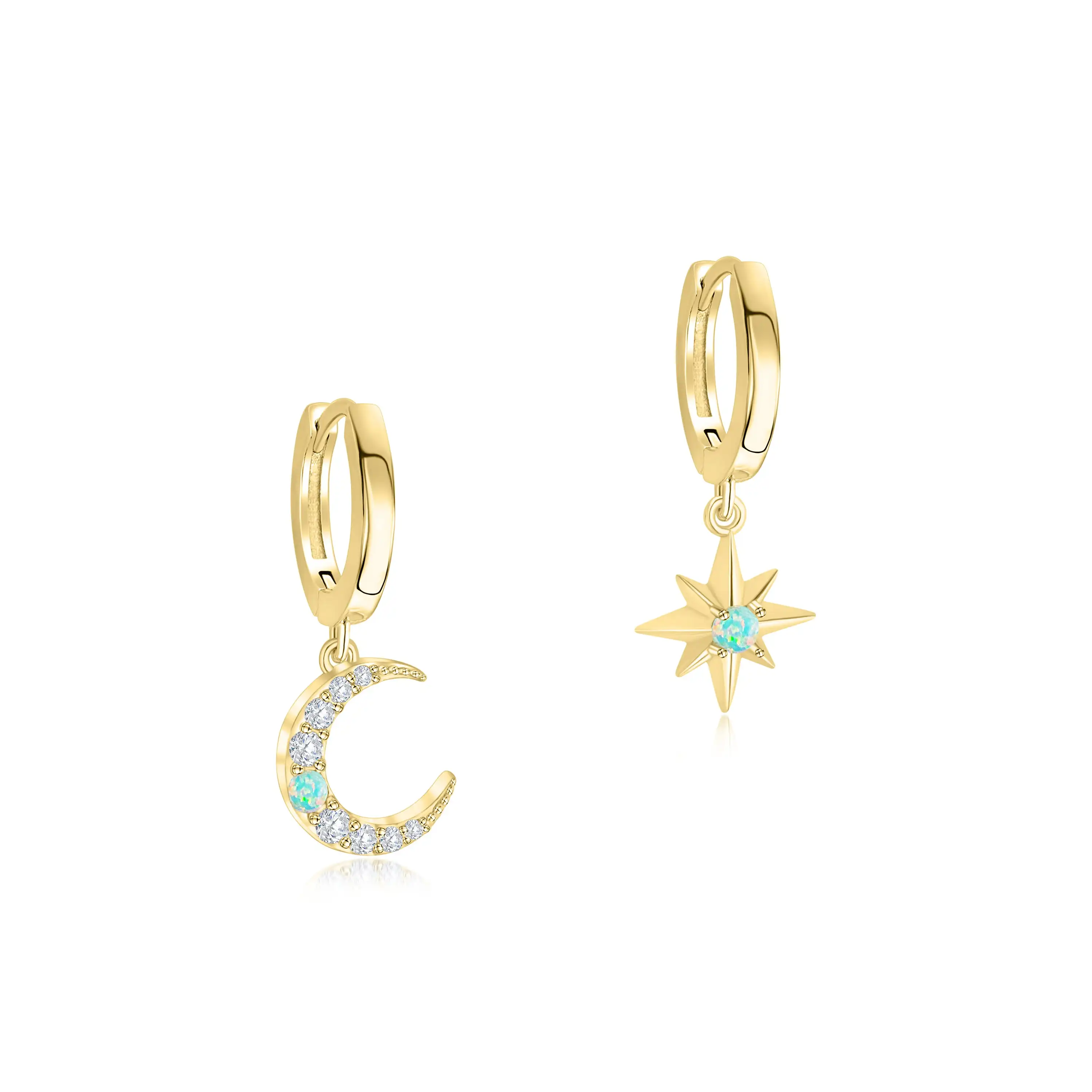 

Hot sale Zircon dangle Earrings Huggies Gold Plated 925 Silver Dainty Opal Moon and Star zircon Earrings women