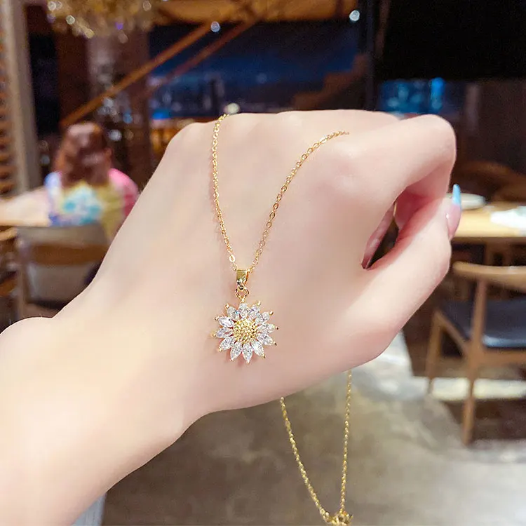 

SC Wholesale Multi-type Fashion Jewelry Necklaces Crystal Lock Sunflower Butterfly Heart Pendant Stainless Steel Necklace Women, Gold