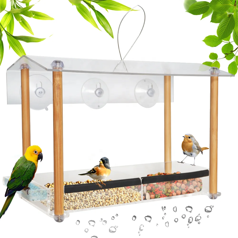 

Window Acrylic Outdoor Bird Feeder Water Sink Garden Birdfeeder Wholesale Birdhouse Bamboo Perch Stand Suction Cup Bamboo Pillar