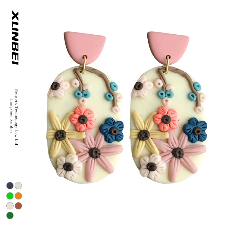 

2021 fashion trendy inspired hand made BOHEMIA boho simple embossed fall cute flower polymer clay earrings for girls