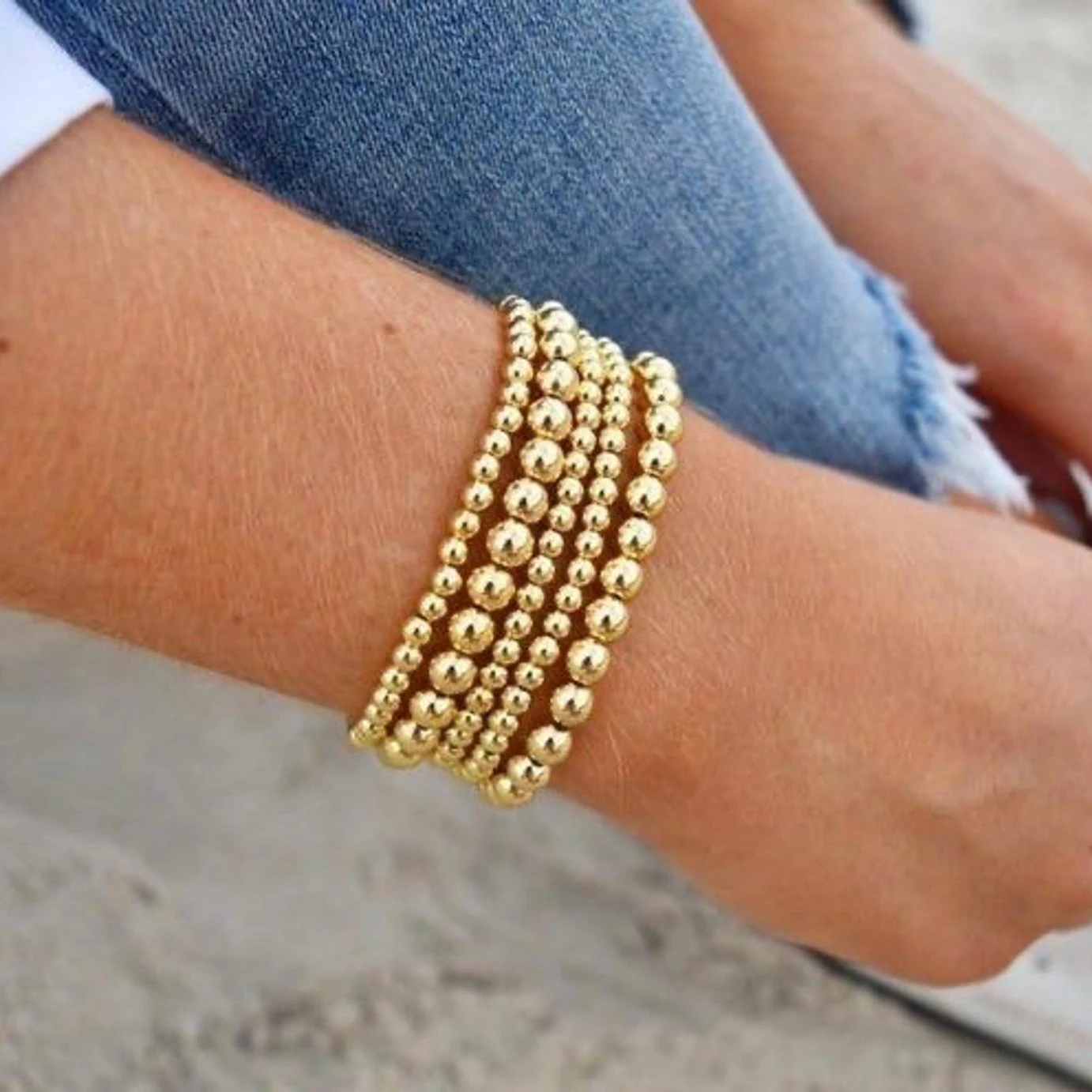 

Wholesale Luxury 14k Gold Metal Small Stretch Beads Beaded Charm Stack Bracelet Custom Sets Women Making Jewelry