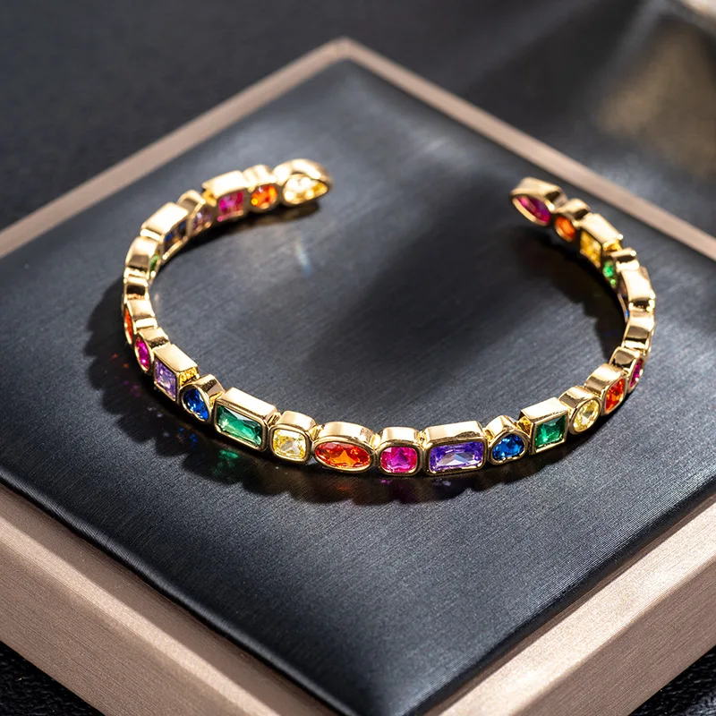 

Fashion 18k Gold Filled Colorful Crystal Bangle Multi color Cubic Zircon Tennis Rainbow Bracelet, Multi-colors