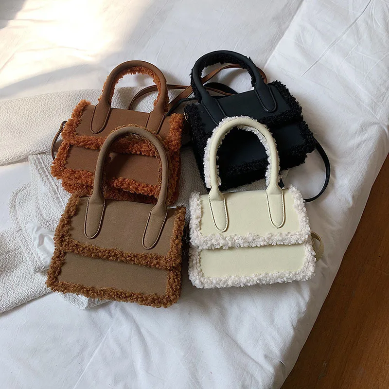 

New Mini Niche Designer Plush Messenger Bag Portable Wallet Fur Bags Women Handbags Ladies Hand Bags Purses, 4 colors