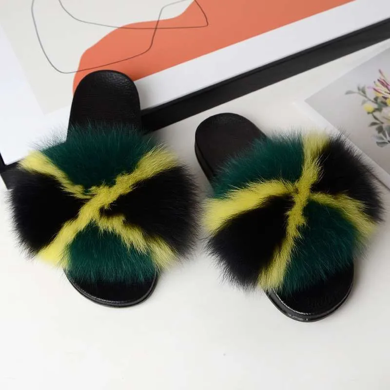 

Wholesale women multicolor luxury rainbow real fox fur slippers ladies fashion fur slide custom logo slide sandal