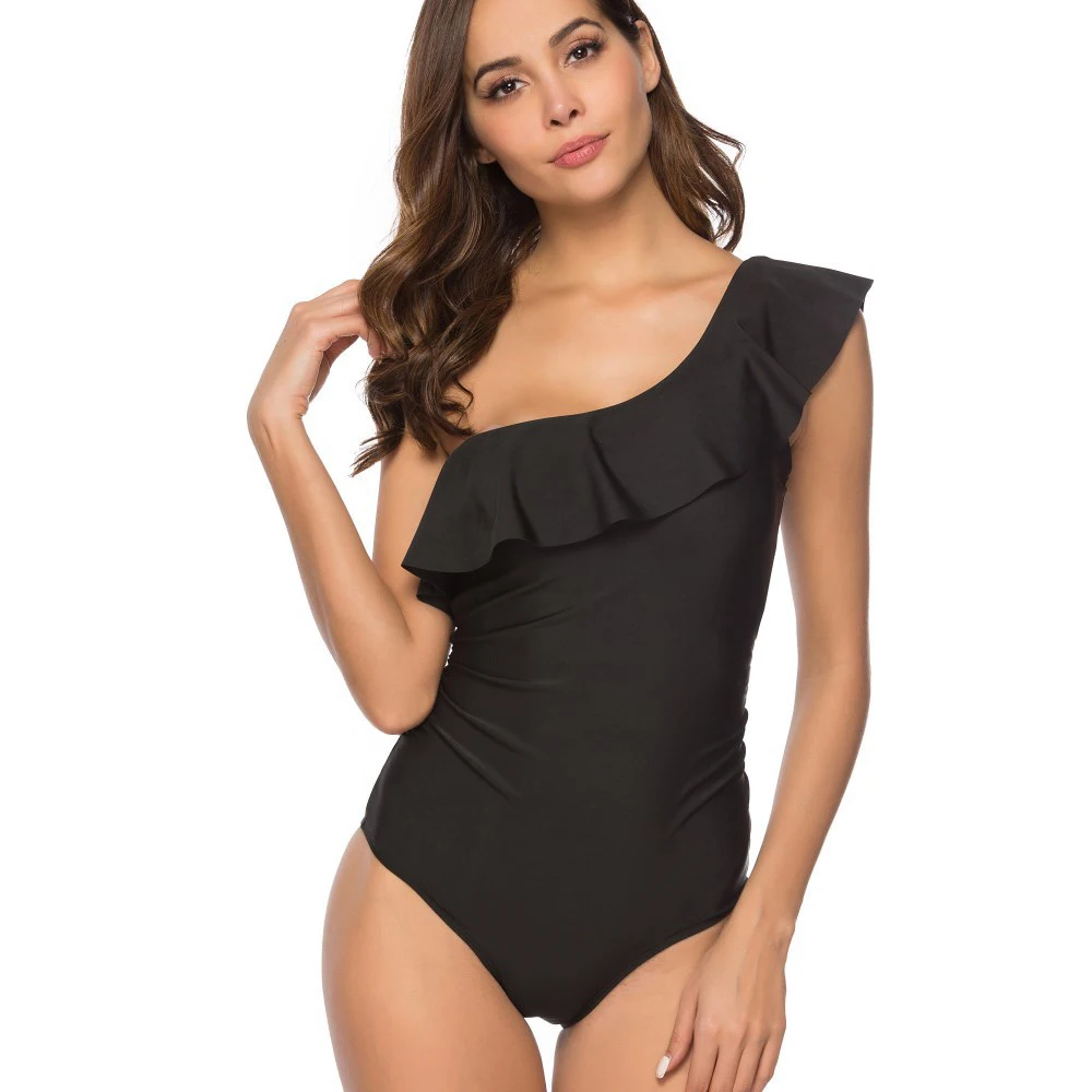 

Women One Piece 2020 One Shoulder Swimwear Solid Sexy Bathing Suit Push Up Ruffle Mayo Solid Swimsuit, Customized color