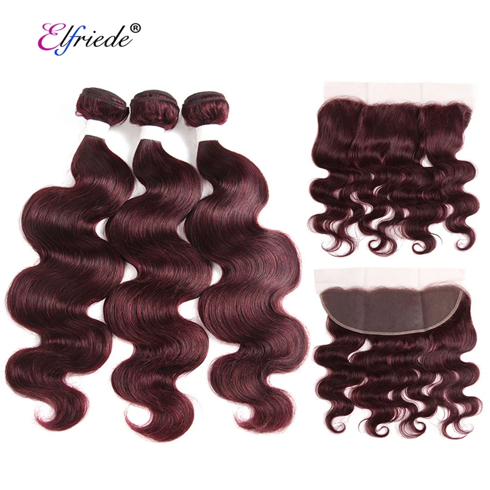 

#99J Dark Wine Body Wave Hair Wefts with Frontal Brazilian Remy Human Hair Bundles with 13x4 Lace Frontal Closure JCXT-202