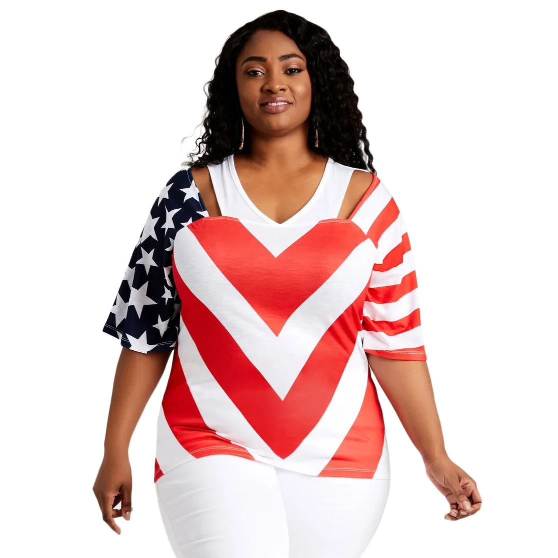 

F21896A 2021 hot sale Independence Day Short sleeved plus size women's printed casual loose T-shirt for women, As picture