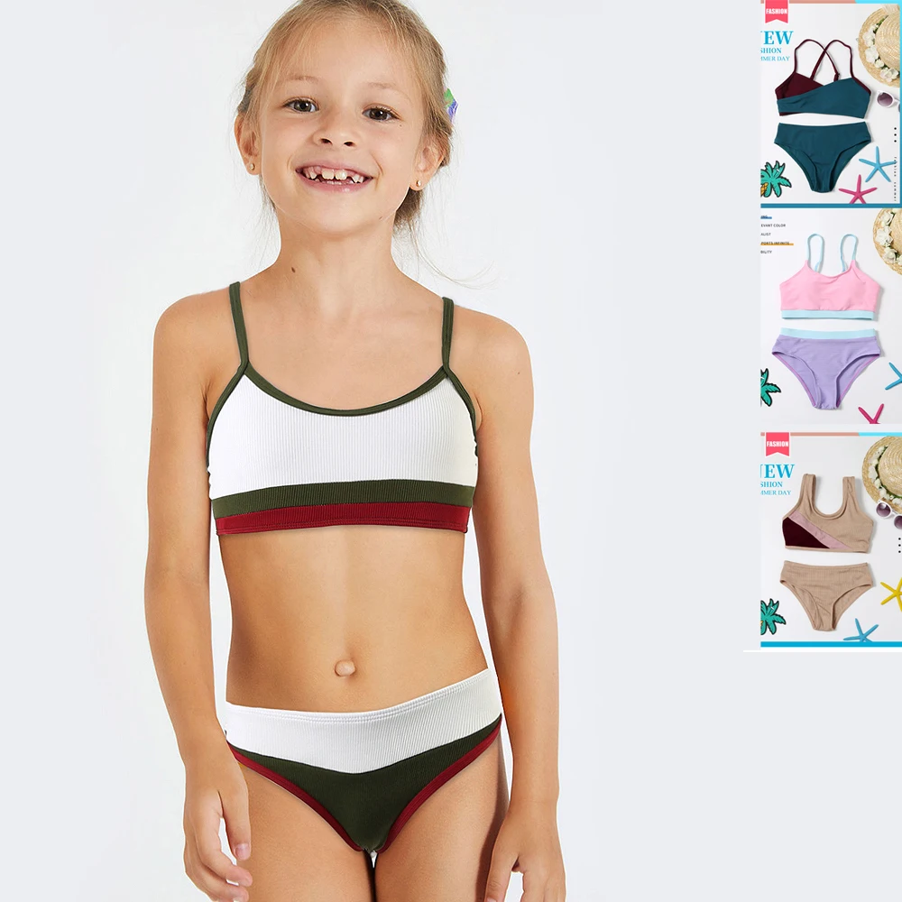 

2021 Best Selling Girl Bikini Solid Patchwork Halter Lace up Children Swimwear Special Material Kids Bikini