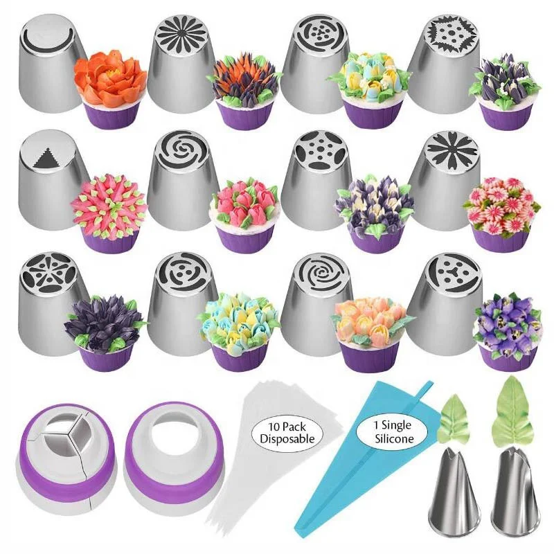 

27PCS Stainless Steel Russian Icing Piping Tips Set Cake Decorating Tools Sugarcraft Pastry Nozzles Coupler Cream Piping Bags