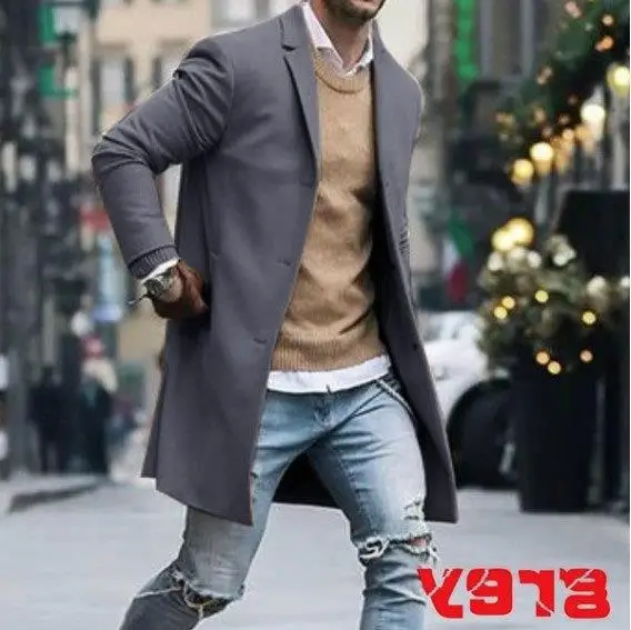 New fashion men autumn winter turn-down collar solid color simple plus size casual coat medium length woolen overcoat_voghion.com