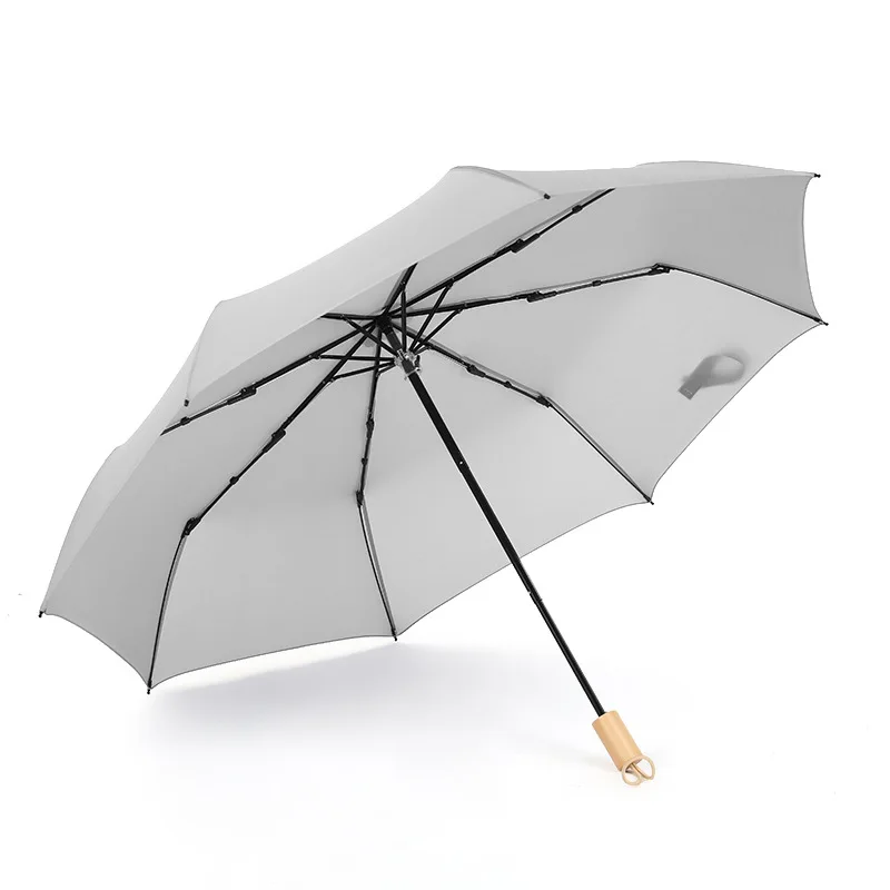 

Simple plain windproof solid wood handle tri-fold umbrella