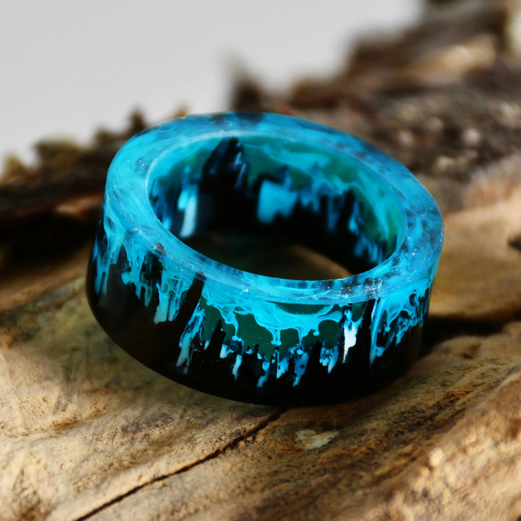 

Blue Resin Ring Mountains Wooden Inside Magical World In A Tiny Landscape Ring for Women Men Jewelry Female Finger Punk Jewelry, Gold &silver