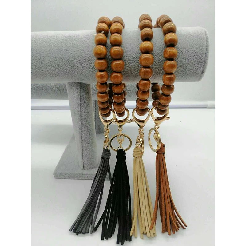Handmade Wooden Beads Stretch Bracelet Tassel Keyring Wood Beads Bracelet Tassel Keychains