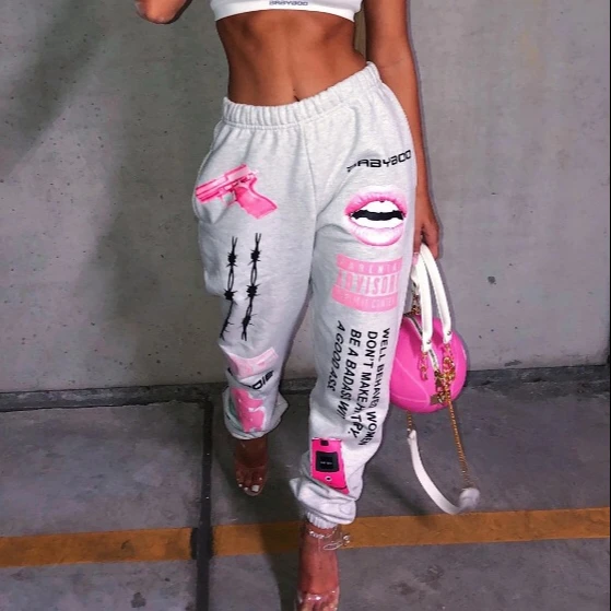 

2021 Fall Chic Design Sweat Pants Fashion Graphic Joggers Women Graffiti Pattern Drawstring Long Pants Casual sweatpants FD280, As shown in the picture