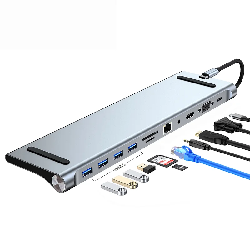 

11 in 1 USB C Hub Multifunction Type C Docking Station HDTV 4K VGA RJ45 Ethernet Card Reader for Macbook Type-c Adapter, Grey