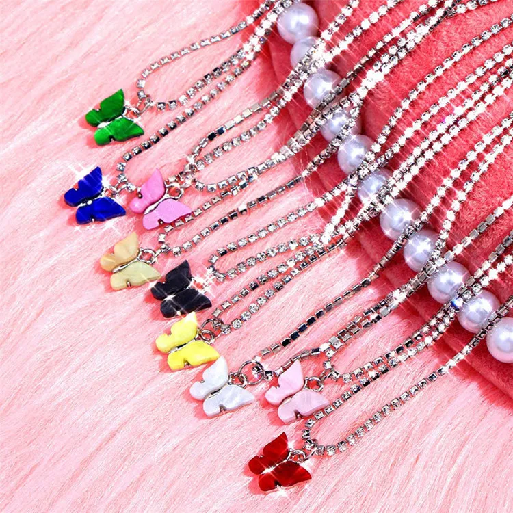 

Hot Sale Fashion Acrylic Butterfly Pendant Rhinestone Tennis Chain Butterfly Necklace Jewelry