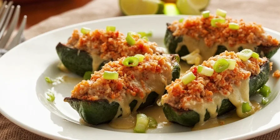 Baked stuffed poblanos served on a ceramic baking dish