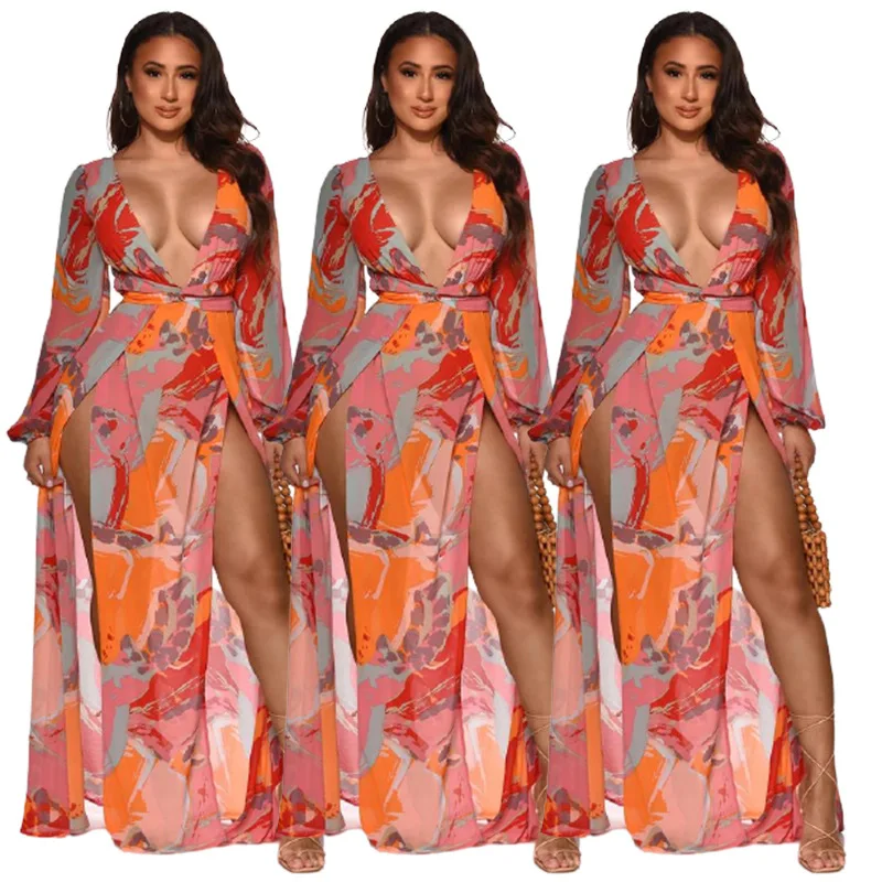 

New Arrivals High Split Digital Printed linen maxi dress Sexy Deep V Neck Orange Printed Boho Summer Maxi Dress Women, Customized color