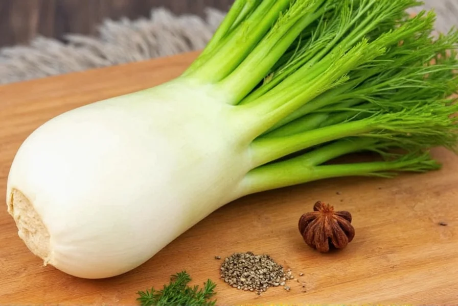 Close-up comparison of fennel bulb and its best substitutes: celery, dill, and anise seeds arranged on wooden cutting board