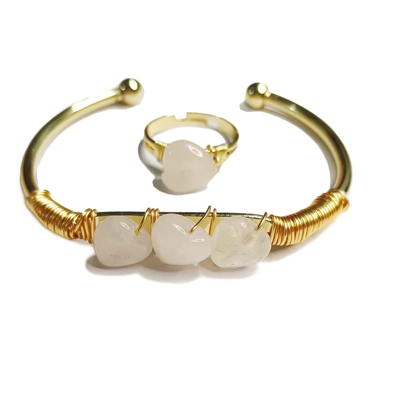 

Crystal Wrap Natural Stone Bracelet Gemstone Gold Cuff Quartz Chunky Wire Wrapped Healing Stone Bangle Bracelet ring set, As pic