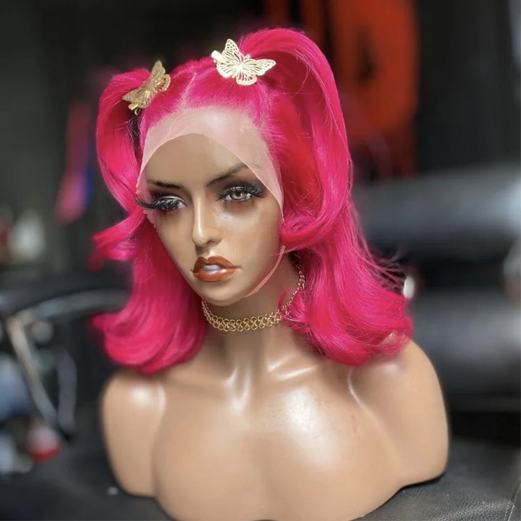 

Short Bob Rose pink Red Color Virgin Hair Silky Straight Human Hair 13*4 Lace Front Wig