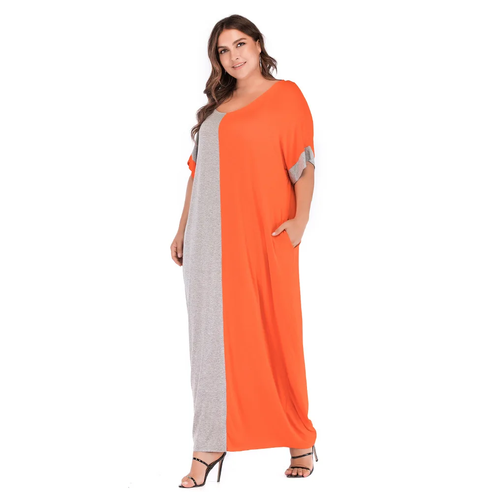 

LEX Plus size fat women clothing 2021 woman Loose contrast stitched O neck short sleeve muslim maxi dress, Orange
