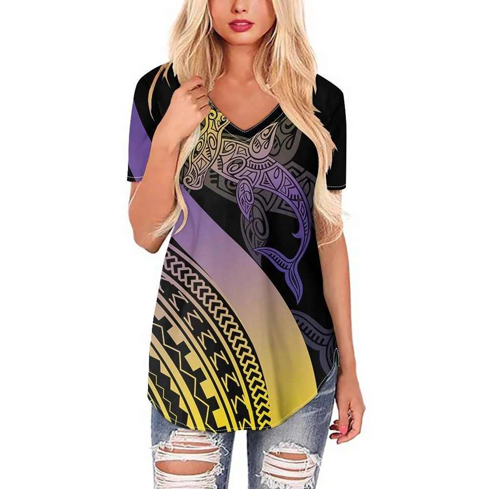 

Hawaii Polynesian Tribal Wave Tattoo Pattern Sharks Summer Tees Basic Tunic Blouses Tops Short Sleeve V Neck Loose T shirt Women, Customized color