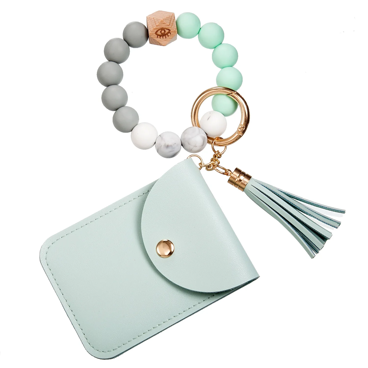 

2022 New Silicone Beads Keychain Jewelry Lady PU Leather Purse Bracelet Multilayered Card Cover Wallet with Tassel MAMA Gifts, As the pciture