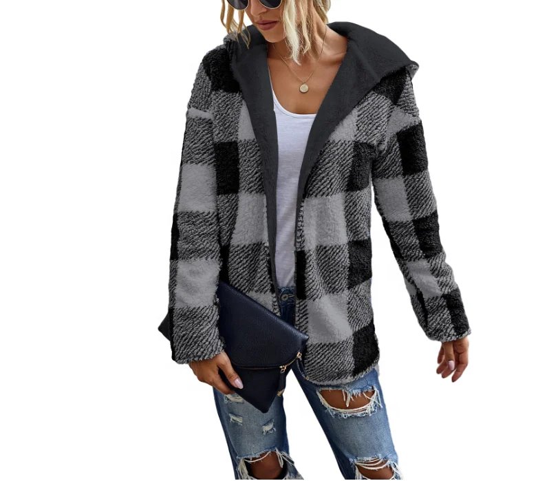 

Hot Sale Autumn Winter Casual Plaid Sherpa Women Coat Hoodies, As picture